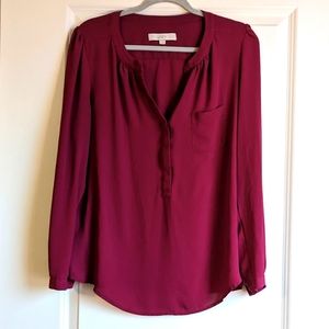 Anne Taylor Loft burgundy wine long sleeve v neck blouse